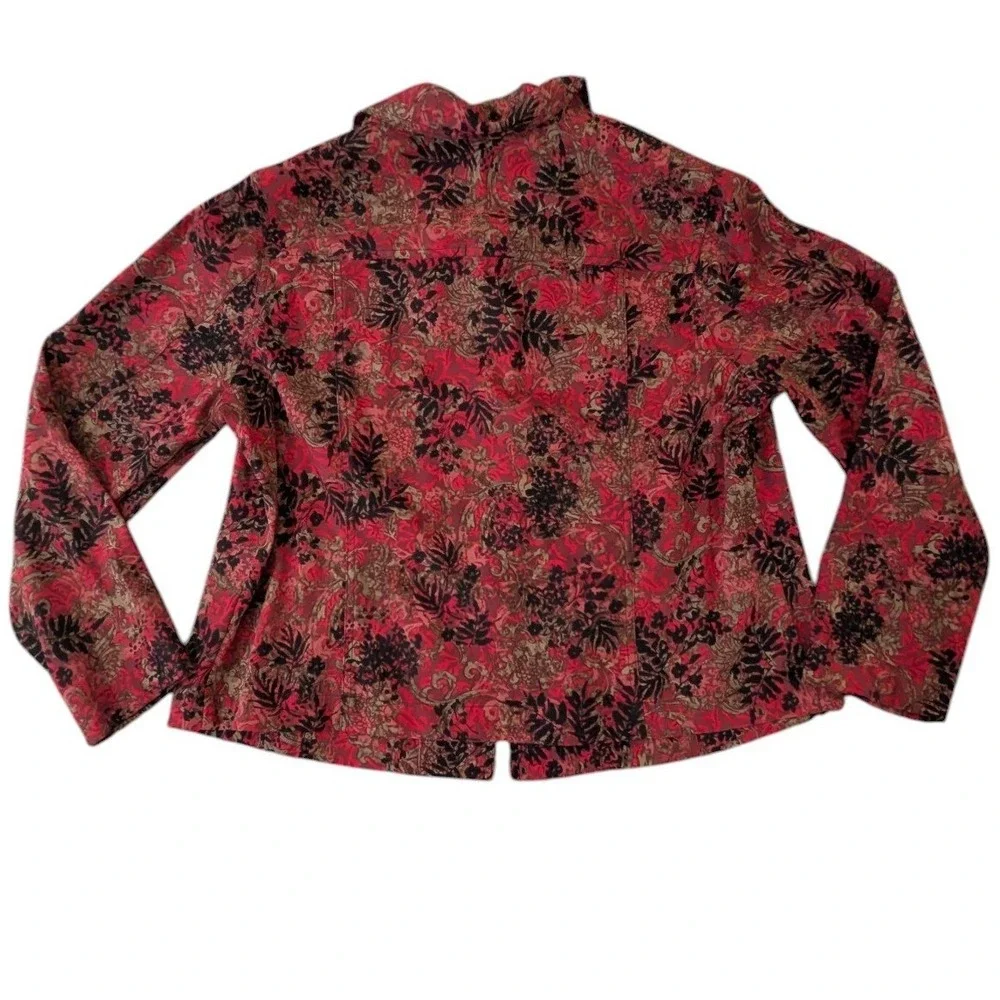 CJ Banks Womens 1X Red Black Floral Paisley Button Up Jacket Stretch Cottagecore